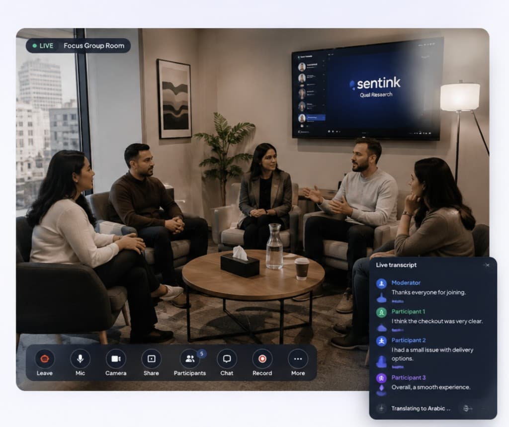 Sentink qualitative Research Room: live focus-group video grid, recording and live transcription, and a moderator discussion guide.