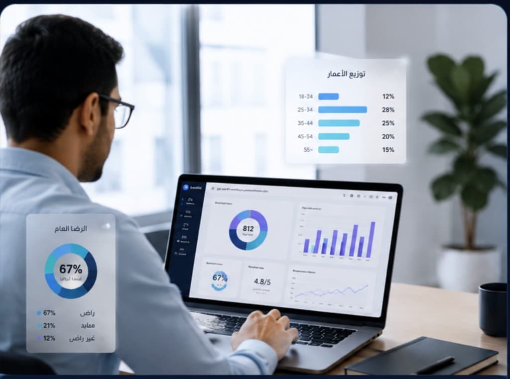 Analyst reviewing survey charts: age distribution bars and overall satisfaction donut.
